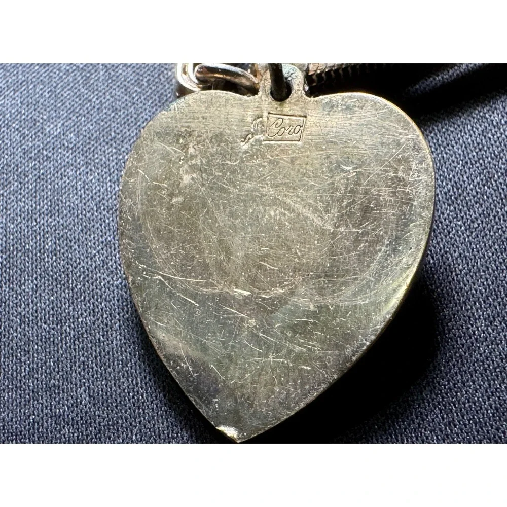 Vintage Coro Double Strand Snake Chain Heart Pendant Bracelet Mickey Engraved